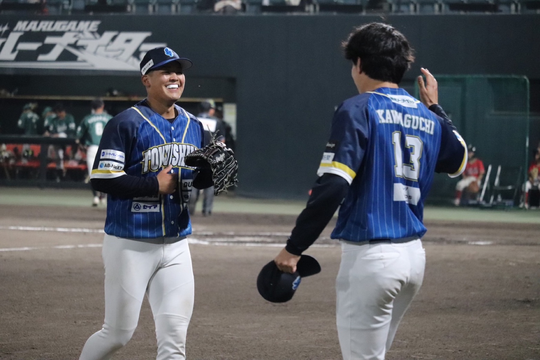 Tokushima IndigoSocks teammates sharing a smile